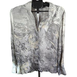 Sophia Gates Gray and Cream Sheer Button Down Blouse With Floral Pattern